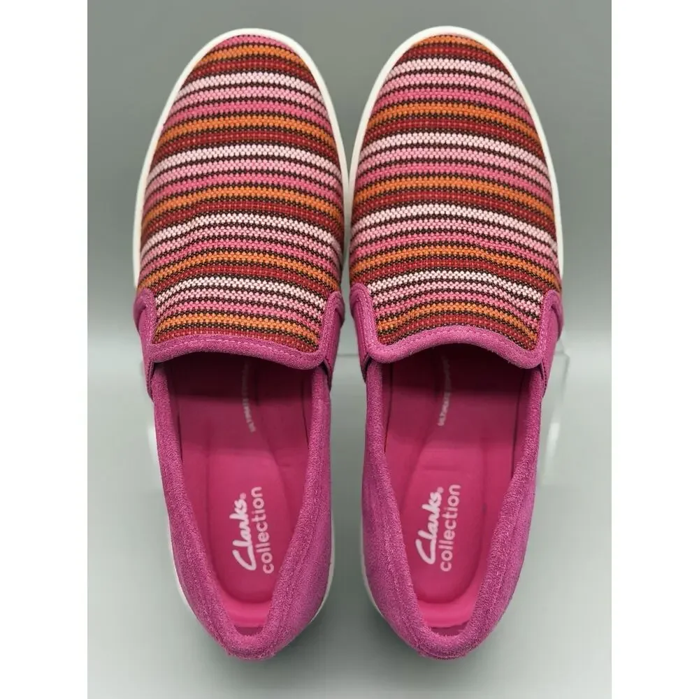 Clarks Womens Layton Petal Slip On Sneaker Fuchsia Multi Stripe Suede 9.5 Wide